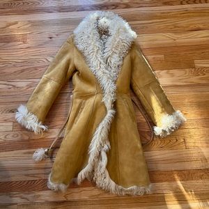 38" Dyed Shearling Coat with shawl collar and leather tie belt. Size 6.